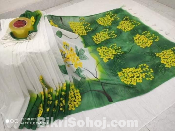 Colourful Half Silk Hand Print Saree